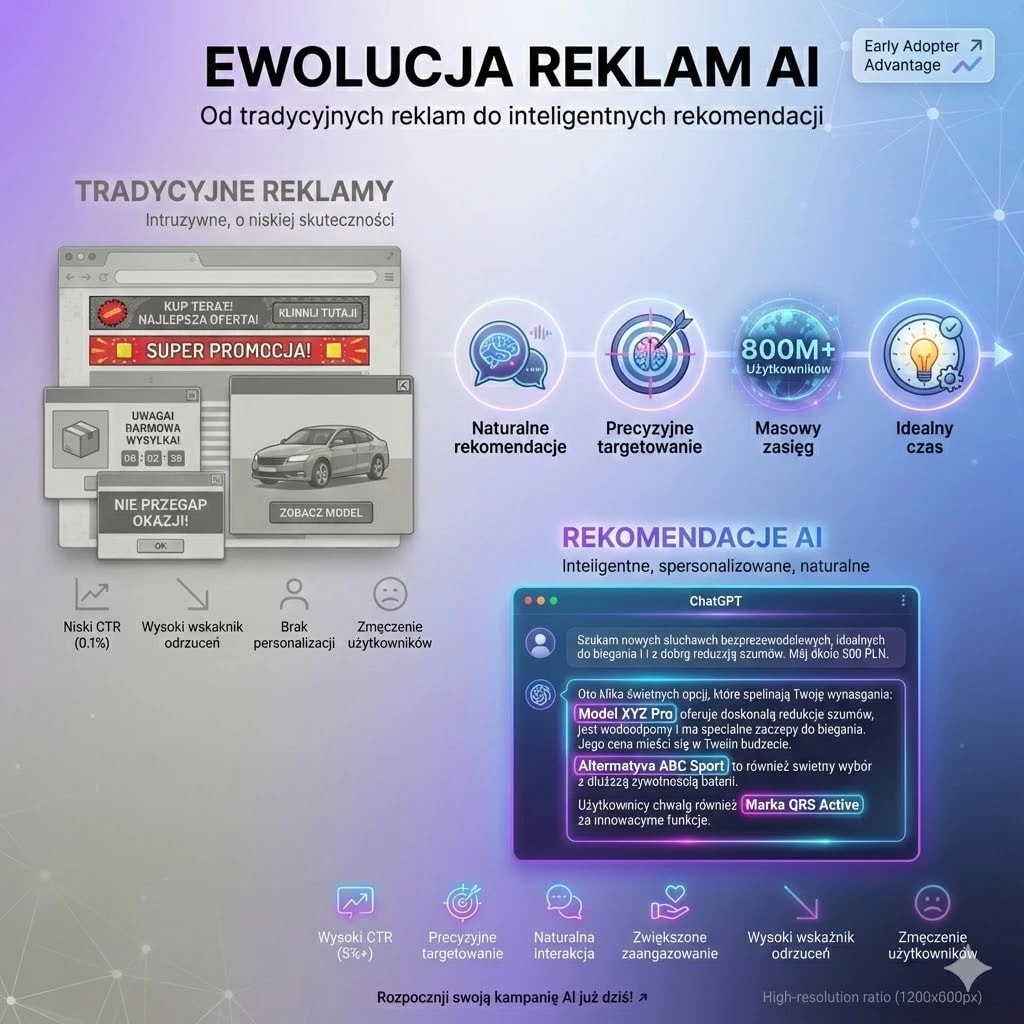 Ewolucja reklam AI - Od tradycyjnych reklam do inteligentnych rekomendacji w ChatGPT. Pokazuje korzyści: naturalne rekomendacje, precyzyjne targetowanie, 800M+ użytkowników, idealny moment.